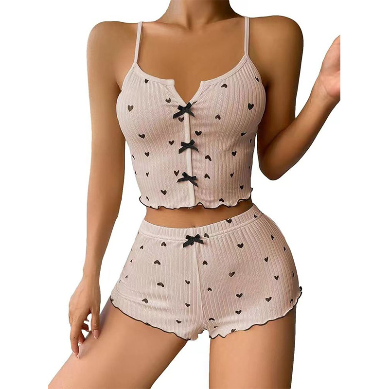 2024 Amazon AliExpress New Product Heart-shaped Printed Contrast Home Clothes Front Split Sling Pajamas suit