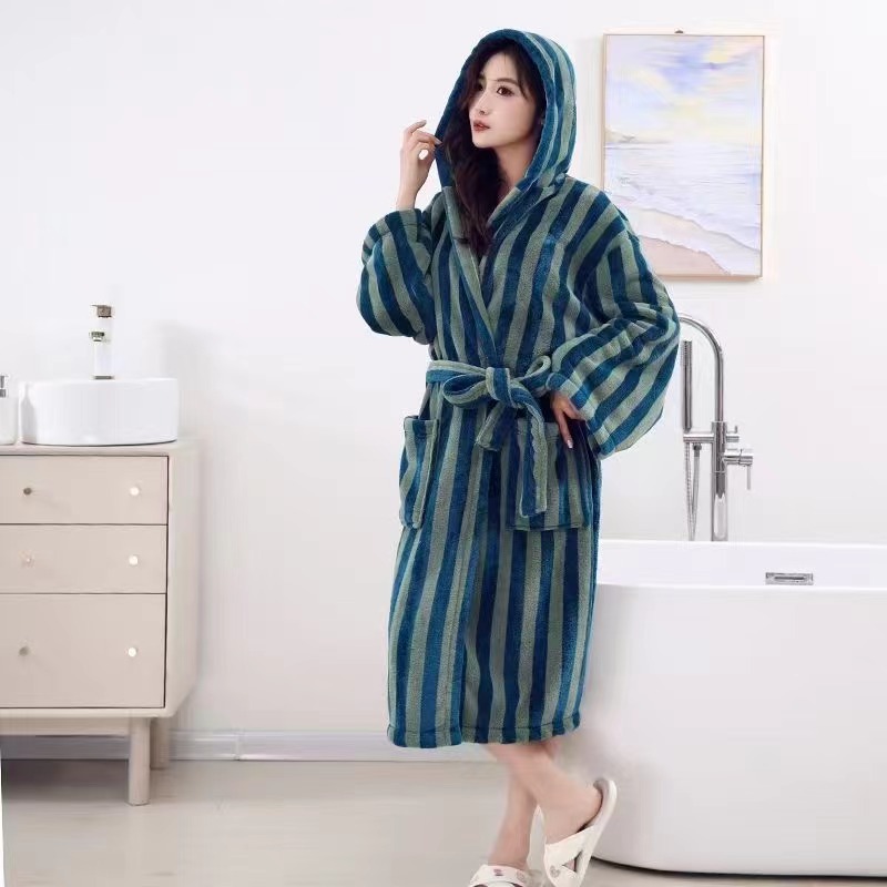 2025 New Accessible Luxury Cotton Retro Simple Bathrobe Checkerboard Vertical Strip Bathrobe Hotel Home Bathrobe Men and Women Long Style