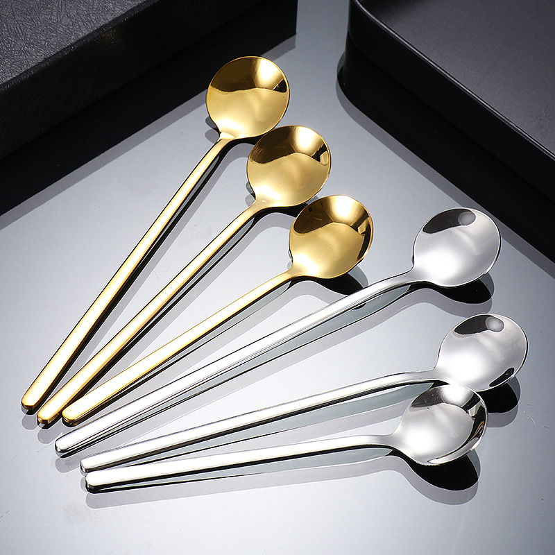 Stainless Steel Spoon, Long Handle Ice Spoon, High-Looking Coffee Spoon, Golden Small Round Spoon, Household Mixing Spoon, Souvenir Wholesale