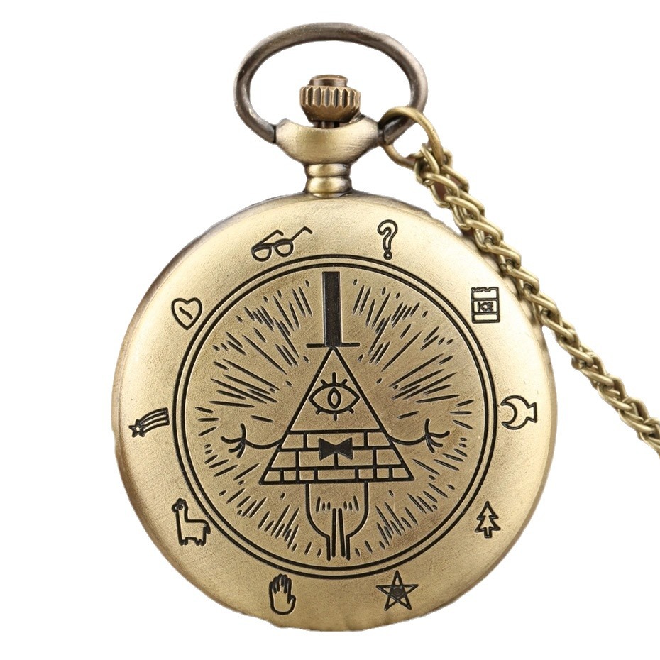 Grotesque Town Vintage Pocket Watch Triangle Eyelet Bronze Necklace Watch Creative Flip Cover Vintage Pendant Hanging Watch Cross-border