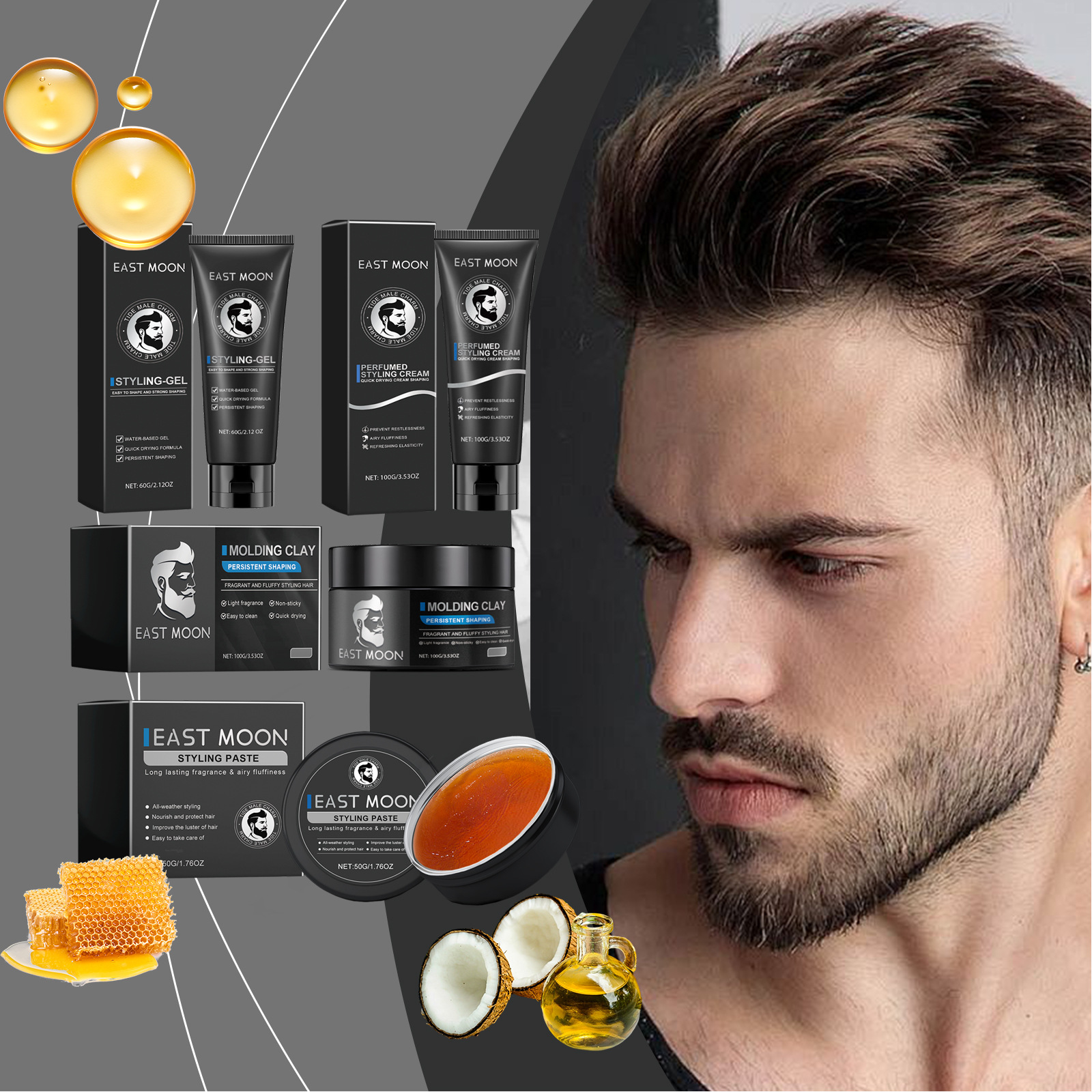East Moon Мужской набор для укладки волос, освежающий, не жирный, натуральный воск для волос
