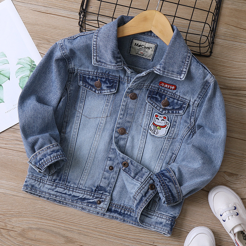 Cm-096 Bring in Wealth and Treasure Cat Patch Medium and Large Boys Denim Jacket 2021 Spring New Children's Clothing Children's Jacket