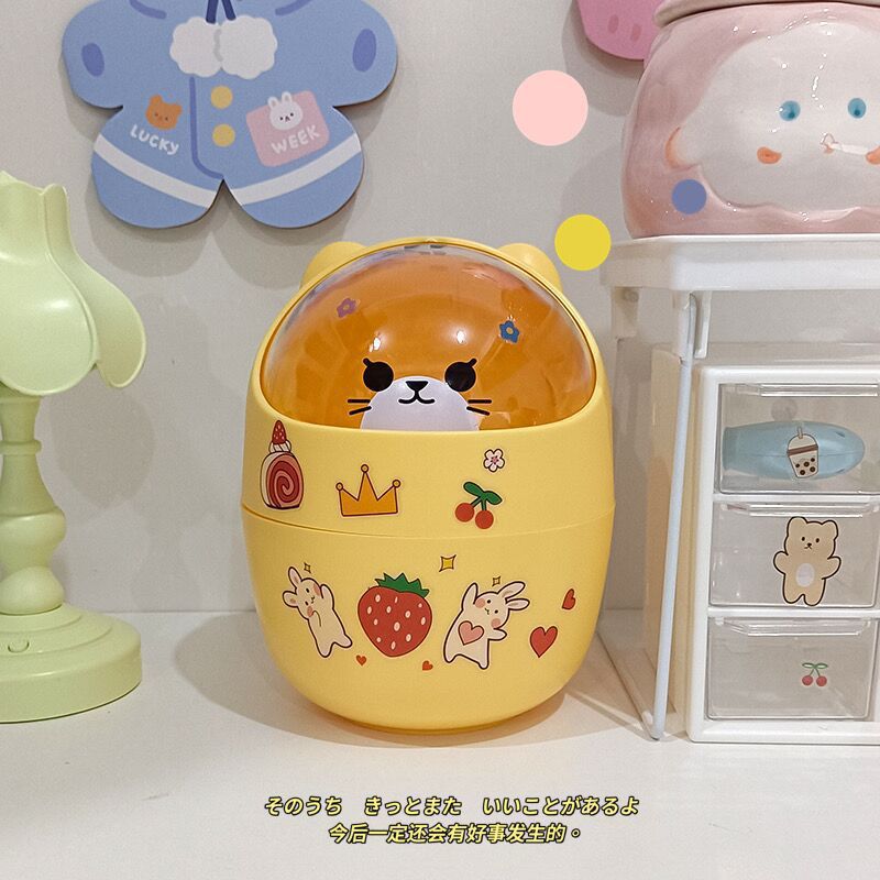 Household Mini Waste Paper Basket Dressing Table Study Flip Top Desktop Waste Bin Bedside Table small size Storage Bucket with Lid for Sundries