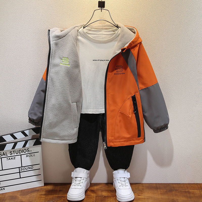 Детская куртка с флисовой подкладкой для мальчиков осень и зима 2025 Новая детская ветровка весна и осень для старших детей Реверсивная