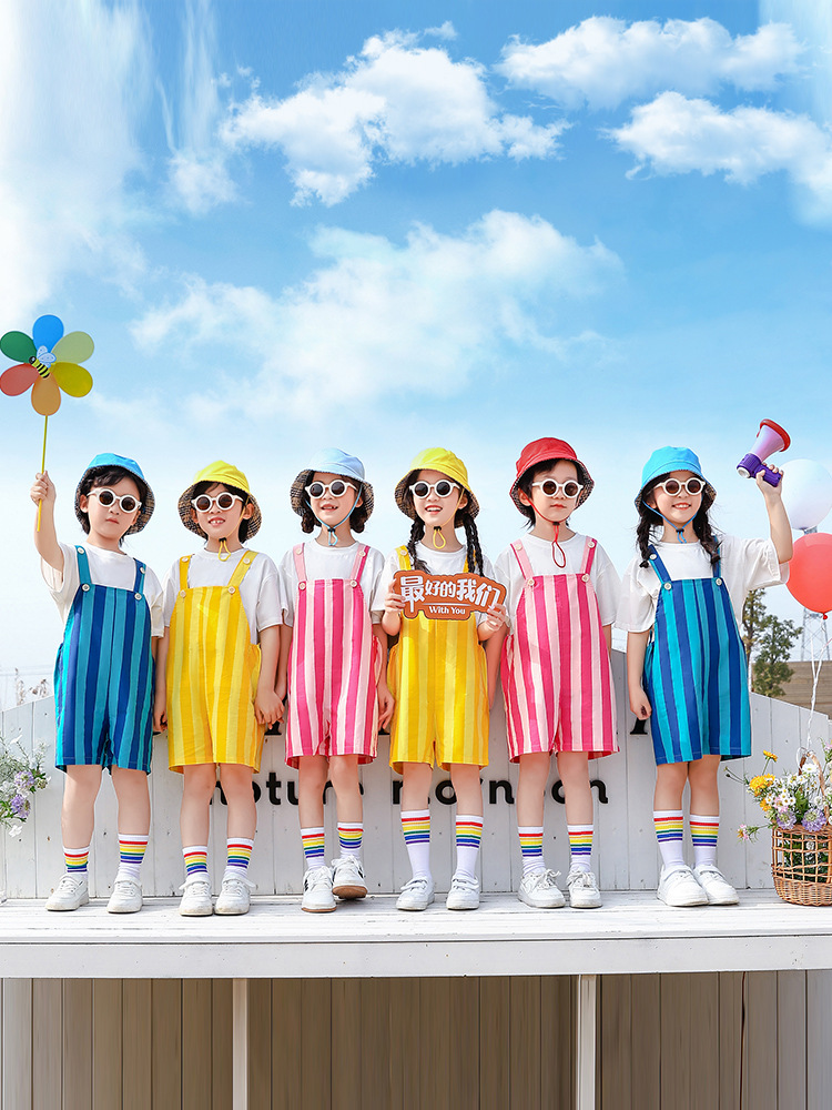 Kindergarten Recitation Chorus Performance Clothing Group Dance Cute Colorfulful Overalls Kidsren's Cheerleading Performance Clothing Summer