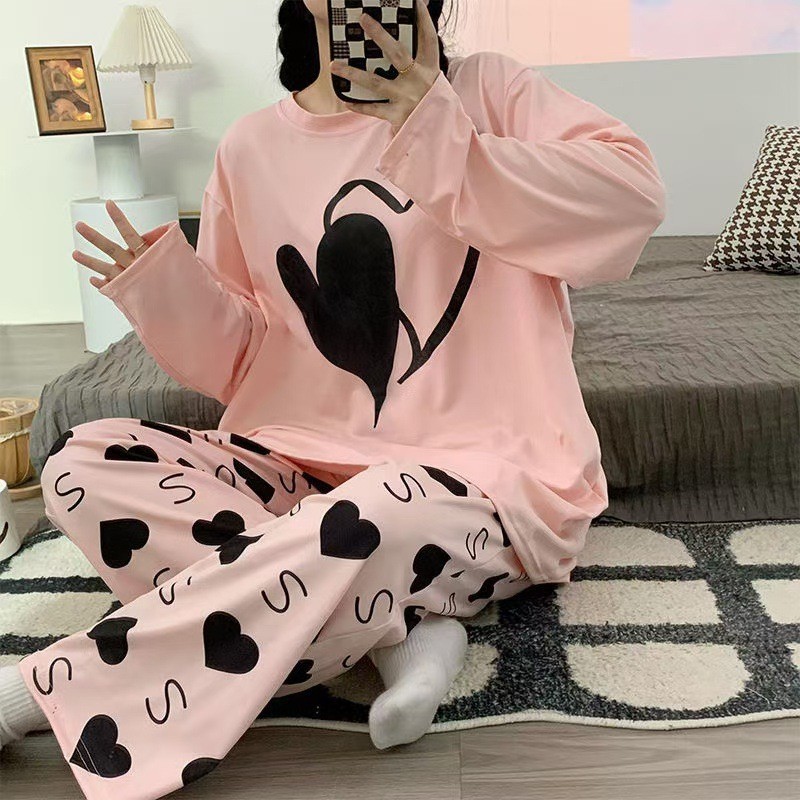 Ins Cute Strawberry Bear Long-Sleeved Pants Pajamas Cartoon Round Neck Loose Casual Sweet Export Live Broadcast Home Clothes