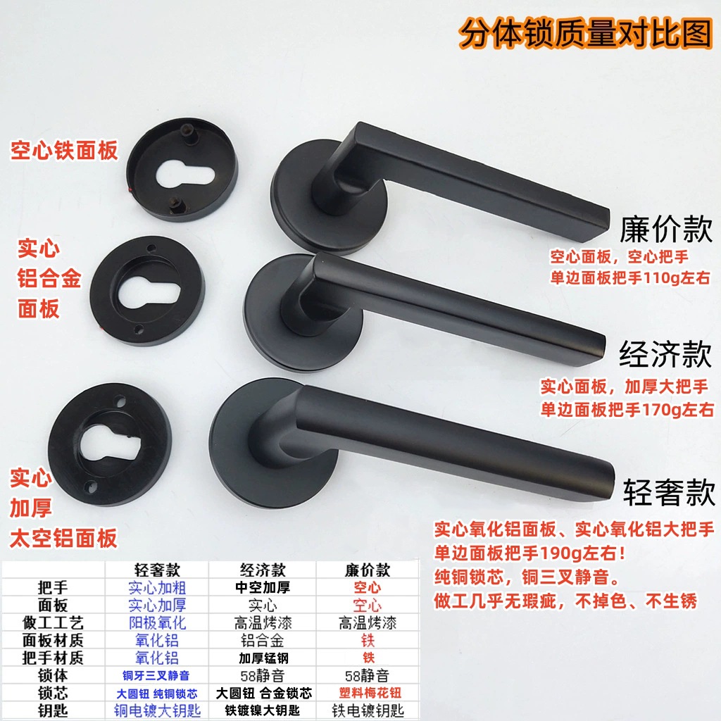 Black Indoor Solid Wood Door Lock Magnetic Silent Split Lock Bedroom Room Engineering Door Handle Lock Doorlock