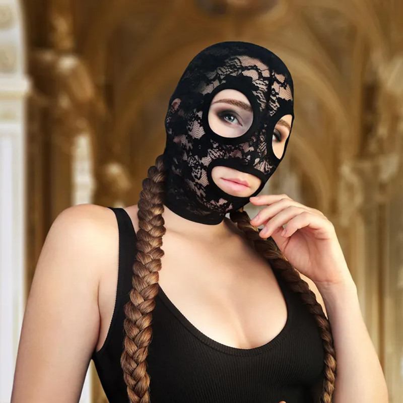 Black All-Inclusive Lace Hood Adjustable Lace-Up Mouth Mask Leather All-Inclusive Cosplay Adult