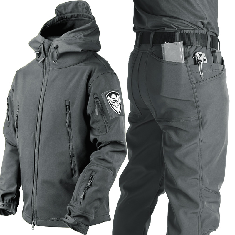 Костюм из мягкой оболочки с акульей кожей, тактическая водонепроницаемая куртка для мужчин, с плюшевой подкладкой, устойчивая к износу, альпинистский тренировочный костюм