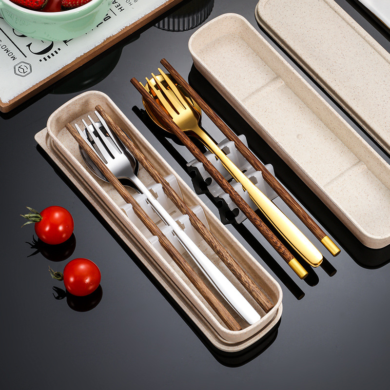 Korean-style Portable Tableware Chopsticks Spoon Fork Creative Student Travel Tableware Single Storage Box Stainless Steel Three-piece Set