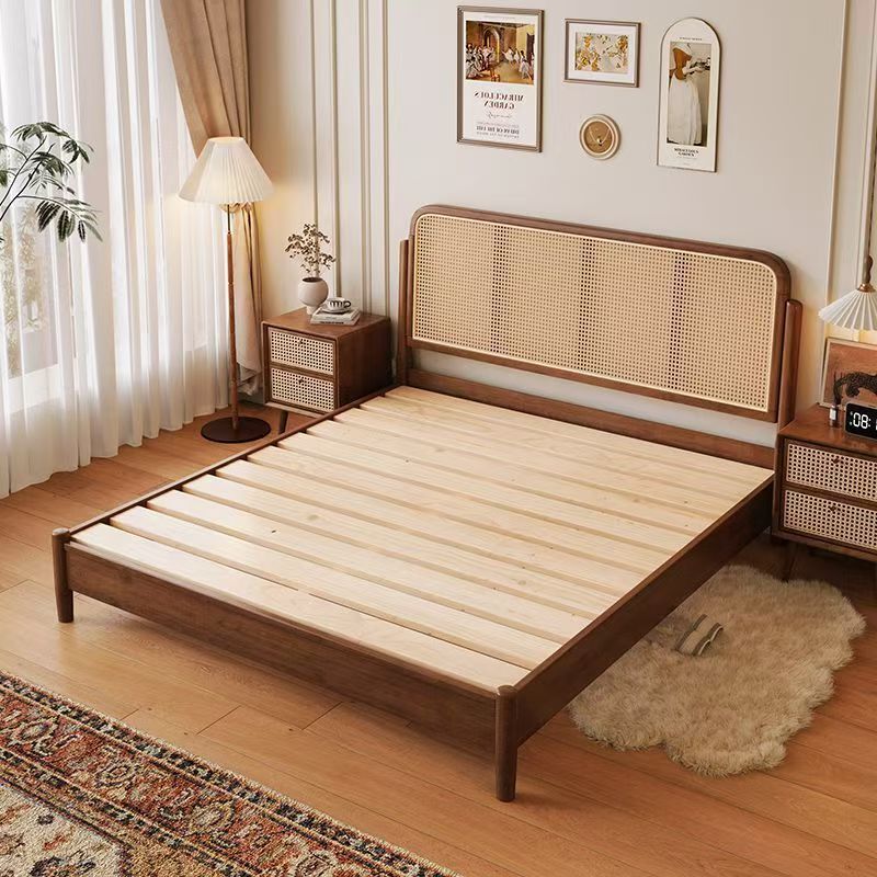 Rattan Bed Scandinavian Retro Solid Wood Bed 1.5m Double Bed 1.8m B&B Japanese Furniture 1.2m Single Bed