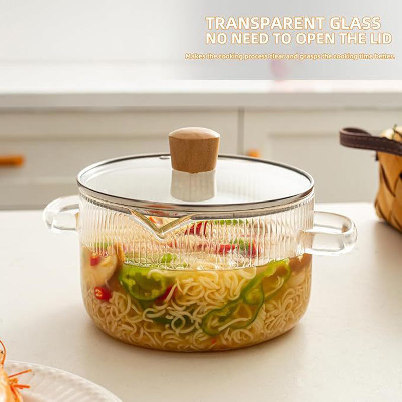 Bear Striped Pot Glass Pot Soup Pot Thickened Double-Handle Transparent Glass Milk Pot Instant Noodle Bowl High-Value Hot Pot Non-Stick