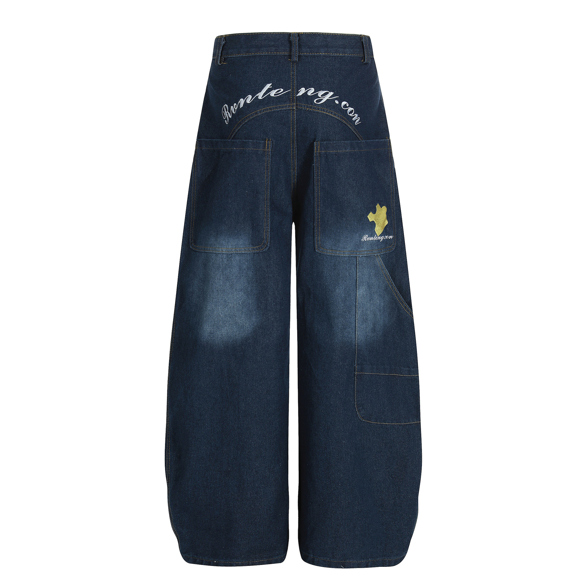 Cross-Border Retro High Street Back Embroidered Letters Washed Jeans for Men and Women Casual Scimitar Wide-Leg Pants Loose Trousers