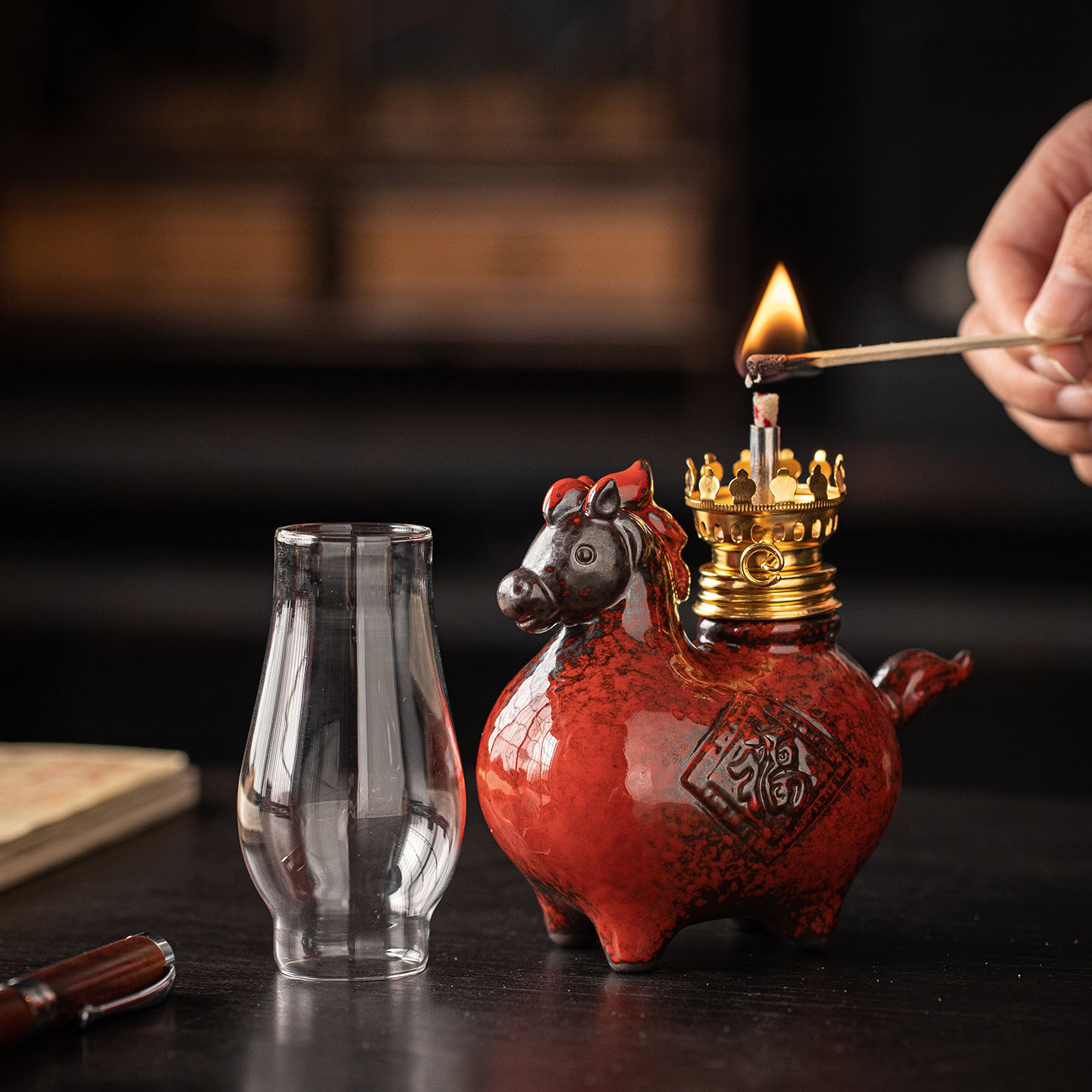 Chinese-Style Ceramic Tang Horse Butter Lamp Lamp Ornaments Everlasting Lamp Zen Tea Room Courtyard Atmosphere Lamp High-End Kerosene Lamp