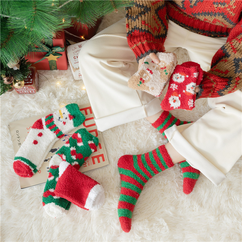 Red Coral Fleece Christmas Socks Reindeer Snowman Christmas Socks New Year Gift Socks Cartoon Plush Thickened Warm