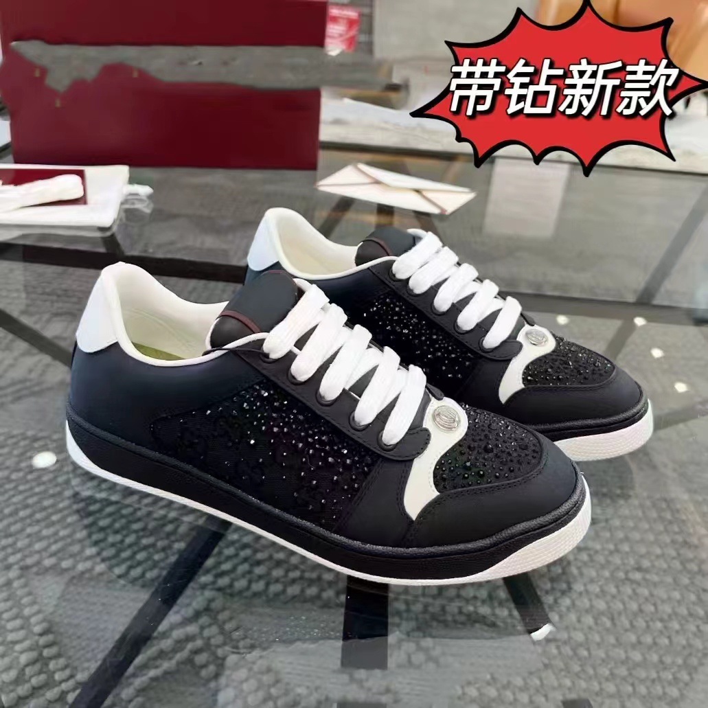 2025 New Gommel Hot Rhinestone Dirty Shoes All-match Old Flower Green Cyber-famous All-match Sneakers Leather White Shoes