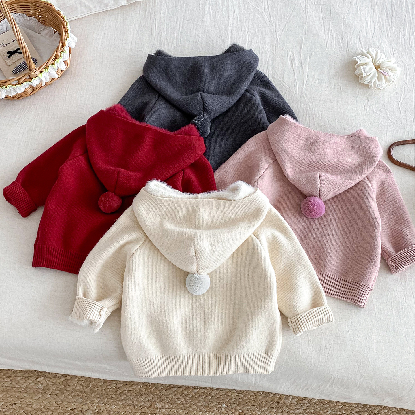 Dianxi's New Winter Collection: Fleece-Lined and Thickened Hooded Sweater for Infants and Toddlers, Stylish and Versatile Solid Color Knitwear for Baby Girls