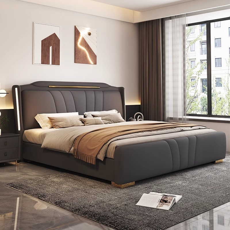 Modern High-End Upholstered Bed, Simple and Stylish Master Bedroom Double Bed with Multifunctional Storage, 1.8m Leather Bed Drawers for Wedding