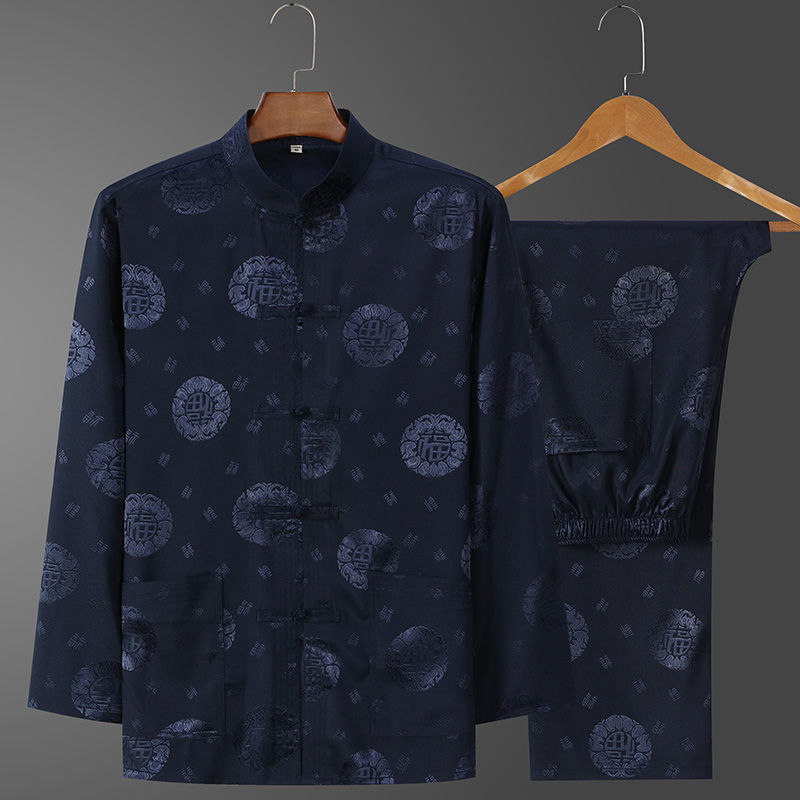 Elderly Tang Suit Men's Ice Silk Long-Sleeved Summer Middle-Aged and Elderly Birthday Grandpa Suit Chinese Style Dad Spring & Fall Suit