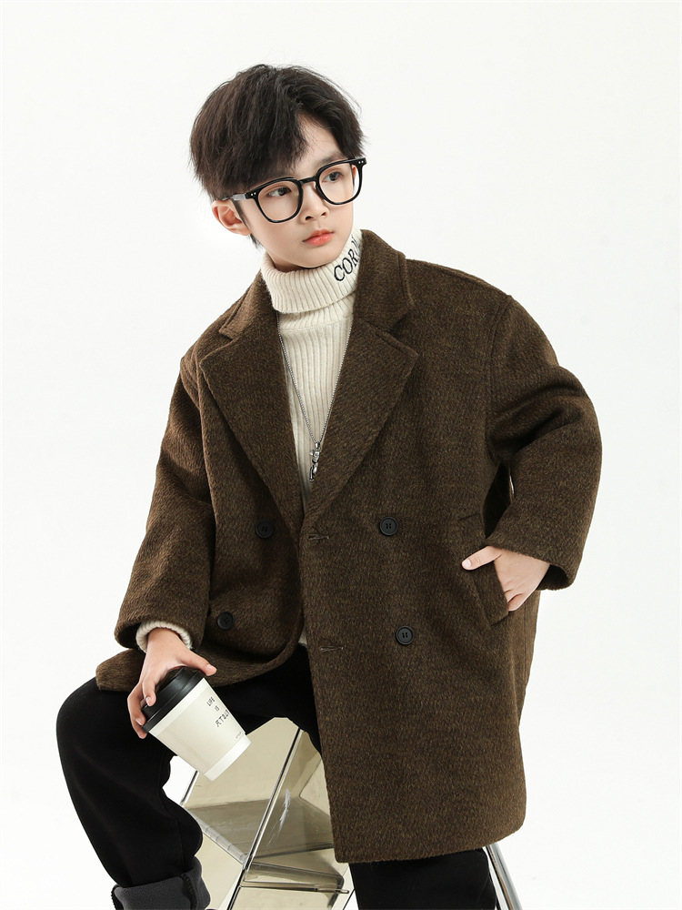 High-Quality Boys' Woolen Coat Trench Coat 2025 Autumn New Style Children's Fashionable Woolen Jacket for Older Kids