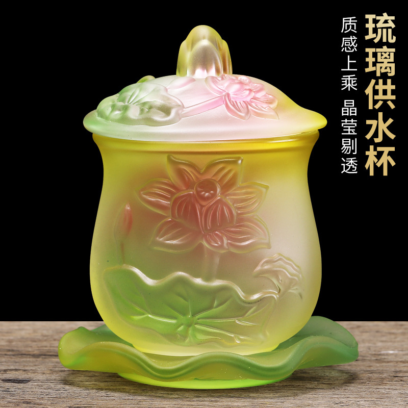 Стеклянная чаша для воды с лотосом, чашка для святой воды Будды, ритуальная чаша, оптовая продажа, чаша с крышкой