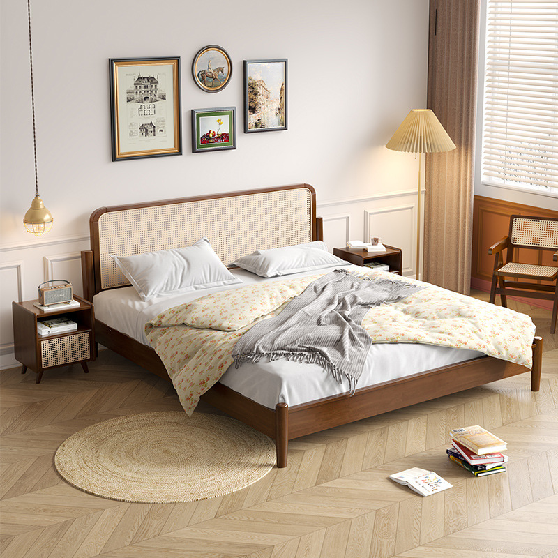Rattan Solid Wooden Bed Modern Simple Master Bedroom 1.8m Double Bed Black Nordic Japanese Style Retro Style Quiet Style Homestay Bed