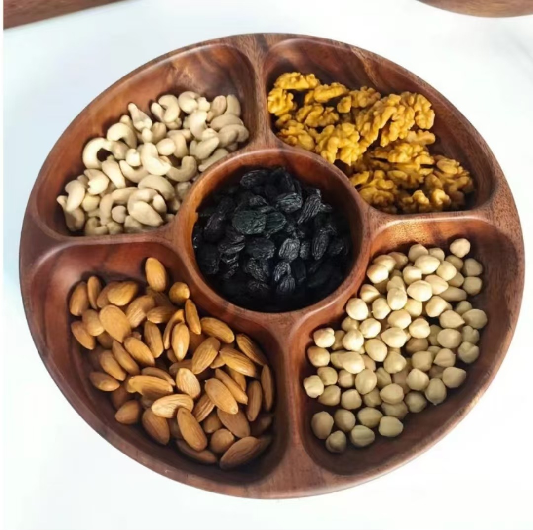 Fruit Plate, Refreshment Plate, Walnut Five-Compartment Round Snack Plate, Dried Fruit Box