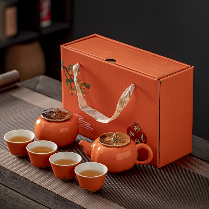 Ceramic Persimmon Persimmon Everything Goes Well Tea Set Gift Box Set Persimmon Teapot Handy Gift Custom Gift Business Souvenir