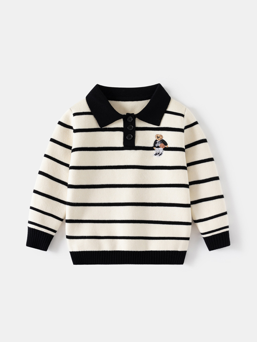 European and American Style Kidsren's Clothing Boys Stripesd Jacquard Single Layer Core-Spun Yarn Thick Needle Sweater Kidsren's Bear Embroidered Lapel Sweater
