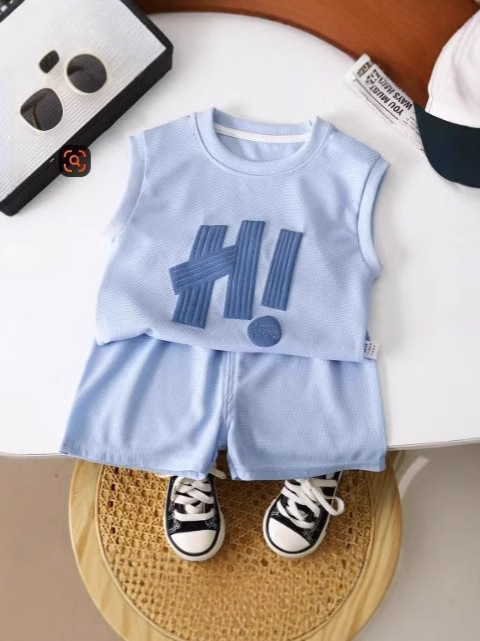 New Children's Clothing Summer Children's Casual Suits Loose Clothes Boys Short-Sleeved Waffle Baby Summer Wholesale