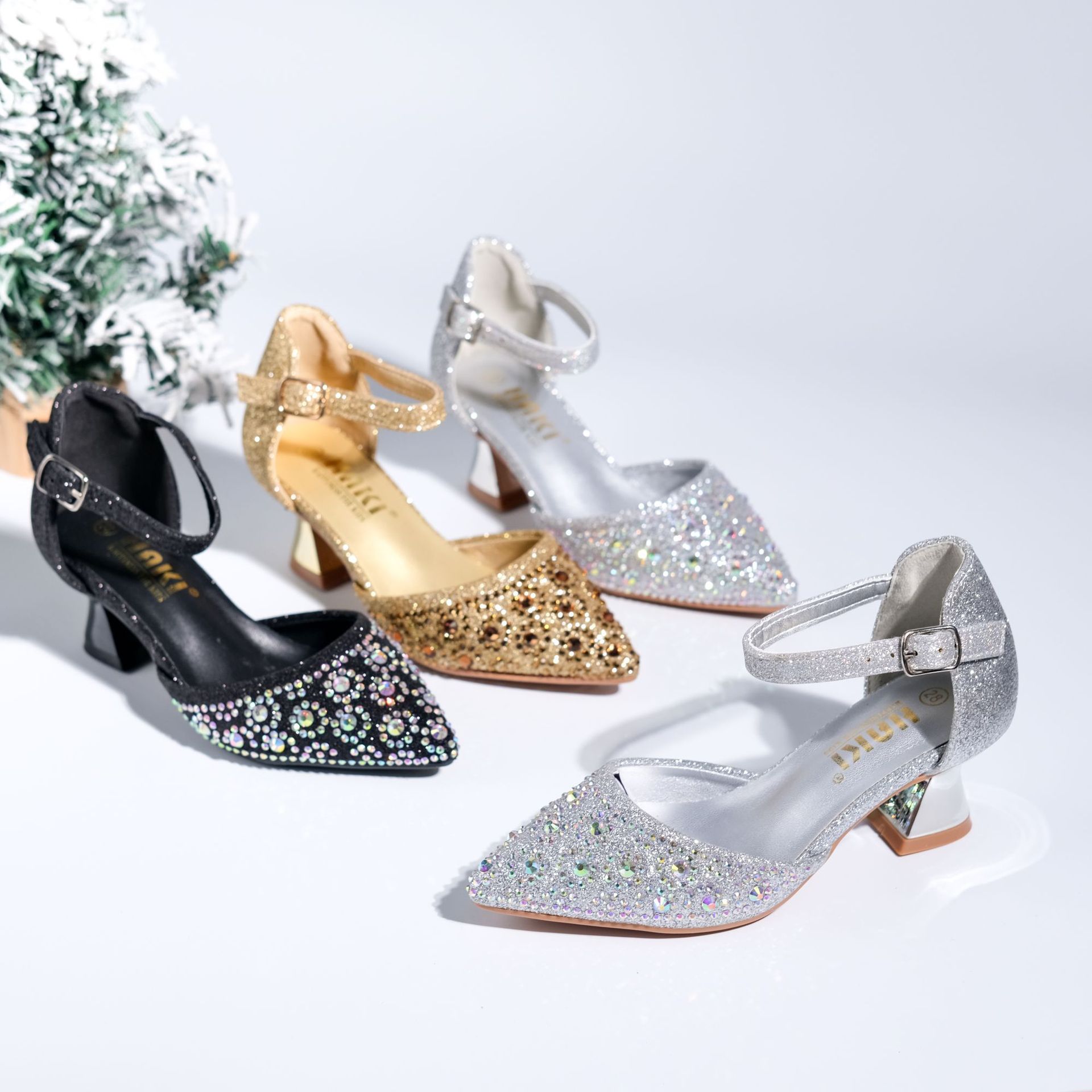 2025 New Export Sweet High-Heeled Shoes Thick Heel Shallow Mouth Pointed Toe Hollow One-Line Sandals with Shiny Rhinestones for Women