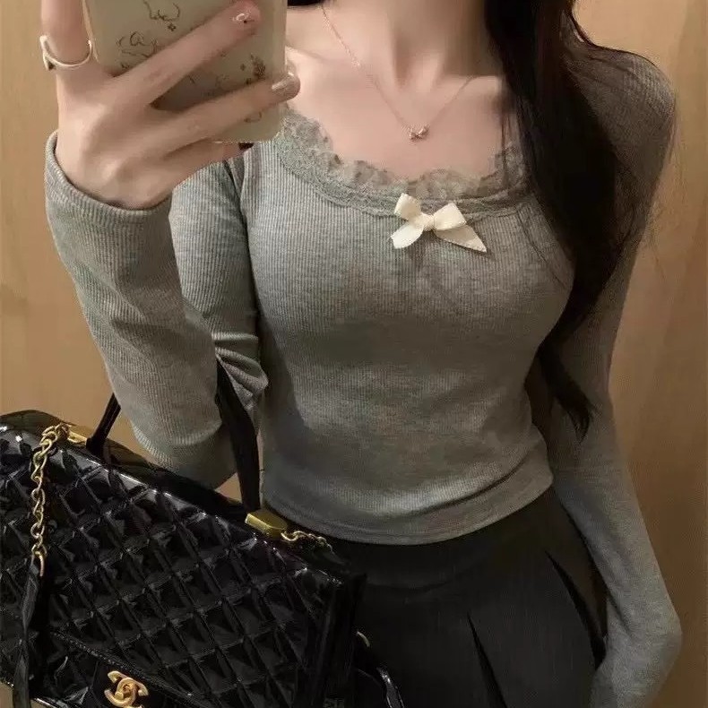 714 # Ранняя осень, новая сладкая фланелевая футболка с кружевным бантом, теплый длинный рукав, облегающий, с фиксированным нагрудником