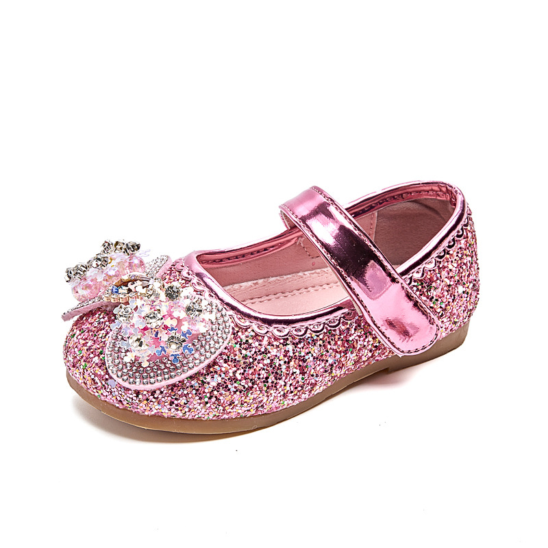 Girls' Leather Shoes 2025 Spring and Autumn New Pearl Bow Elsa Princess Shoes Little Girls Crystal Shoes