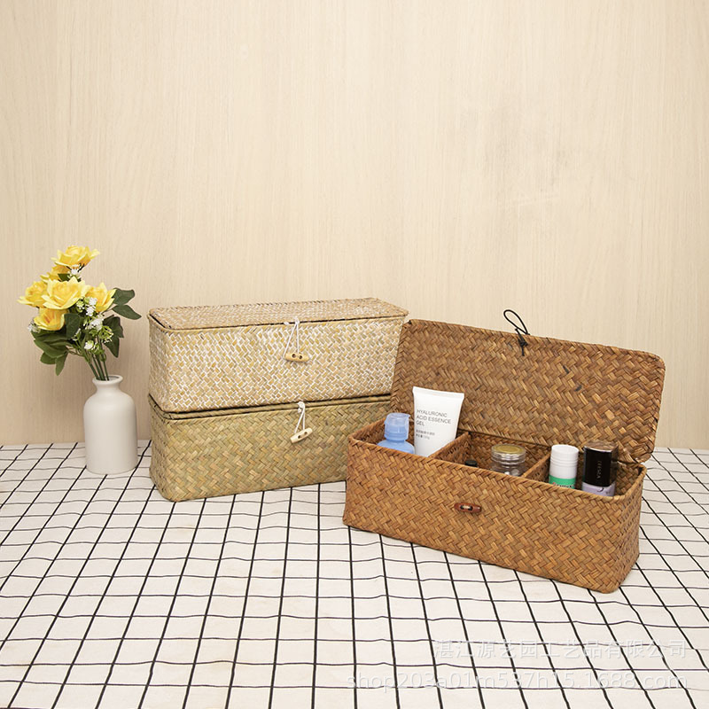 Straw Storage Basket Pure Hand-woven Sundries Storage Household Square Desktop Three-compartment Storage Basket with Lid