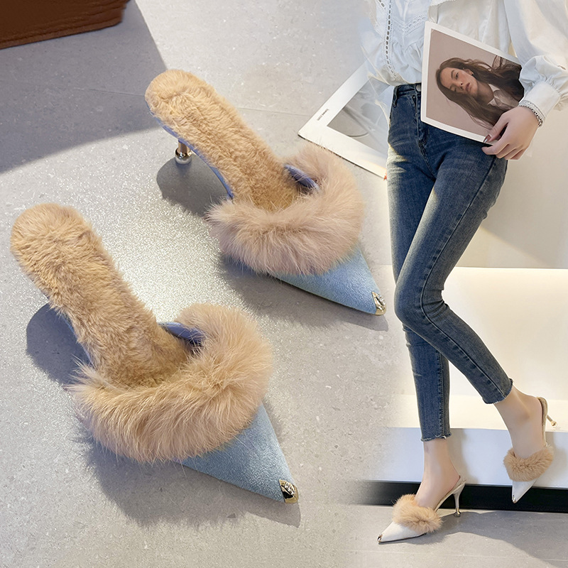 2025 осень и зима флисовые полусапожки корейского стиля, остроносые меховые полусапожки для внешней носки, высокие шлепанцы