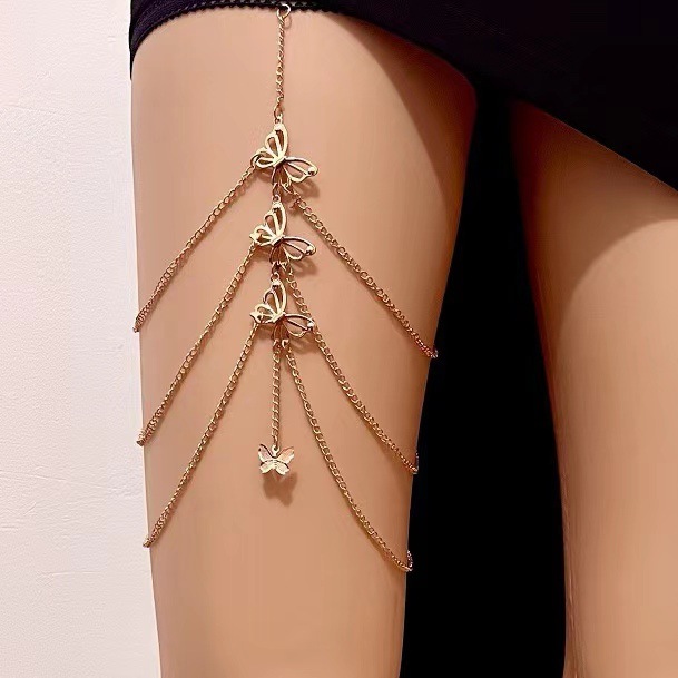 European and American cross-border hot selling exaggerated leg chain sexy personality elastic rope lace multi-layer golden butterfly body chain