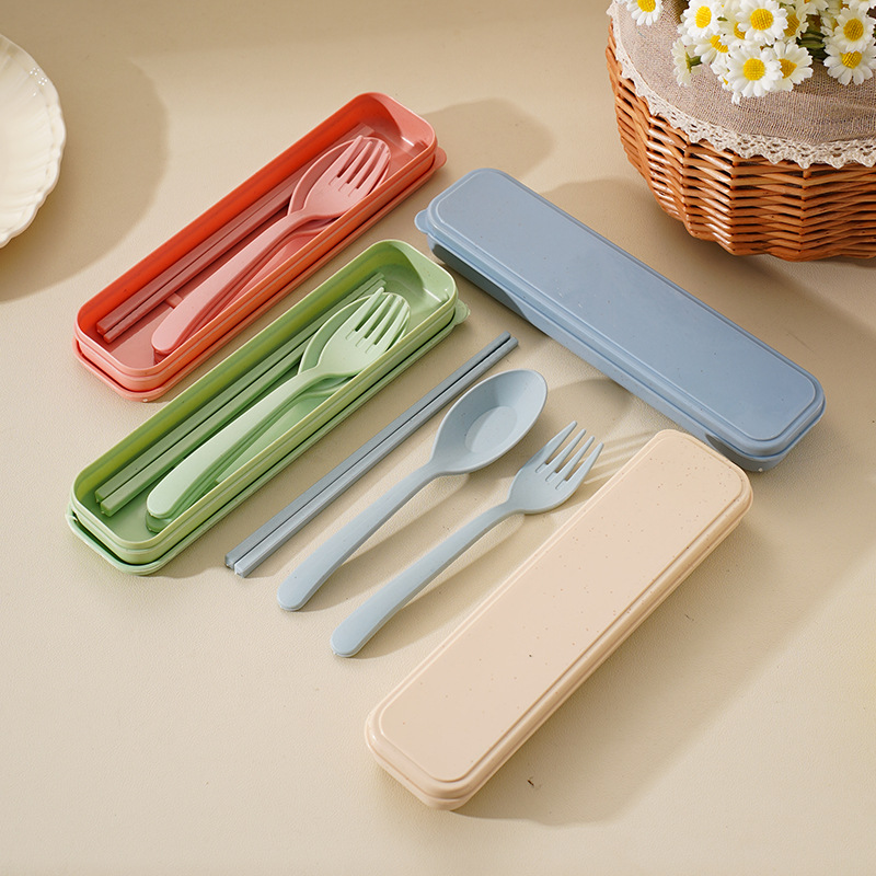 Spoon chopsticks fork three-piece set wheat straw portable plastic tableware student travel storage tableware box