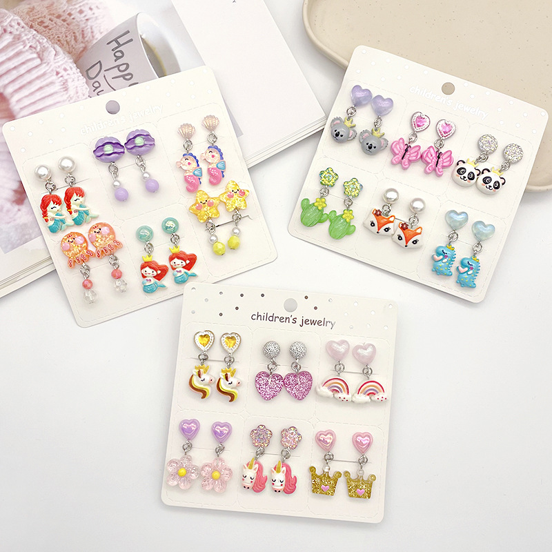 [Can] Cross-Border Best-Selling Kidsren's Cartoon Long Anti-Pain Ear Clips Six Pairs Set Little Girl Gift Earrings