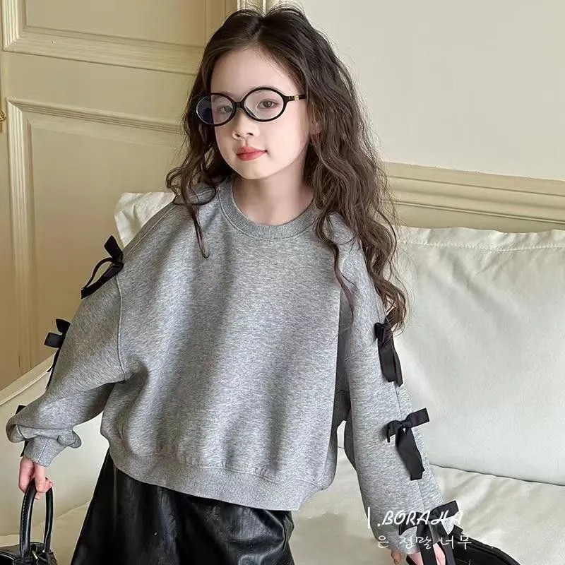 Girls' Autumn Wear 2025 New Bow Knot Children's Korean-style Long Sleeve Girls' Middle and Big Children's Casual Top Children's Wear