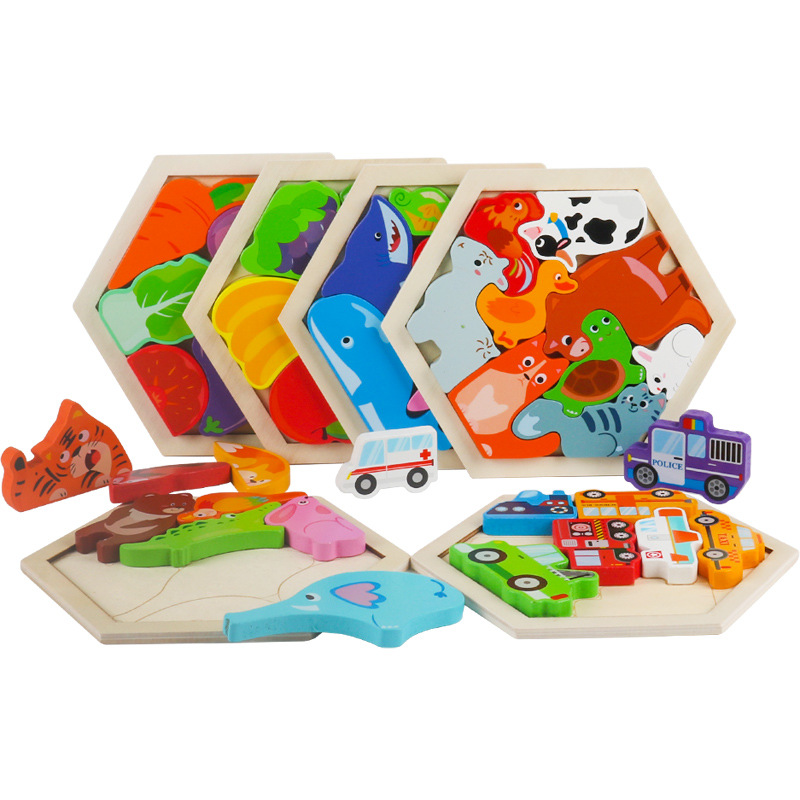 Children's Cartoon Animal Creative Wooden Three-Dimensional Jigsaw Puzzle Animal Hand-Scratch Puzzle Building Blocks Traffic Puzzle