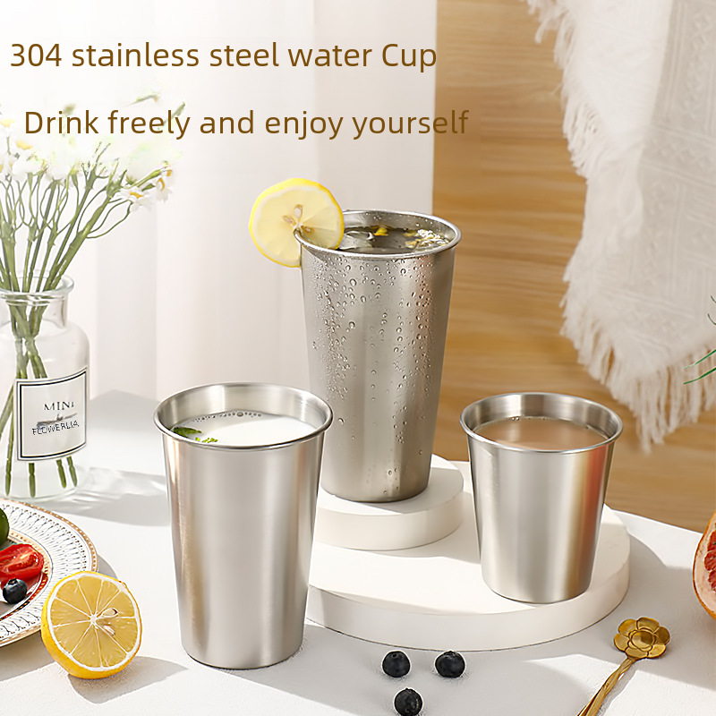 Cross-Border 304 Stainless Steel Beer Cup Large Capacity Single-Layer Water Cup Rolled Edge Wine Cup Milk Tea Coffee Cup Mouth Cup Logo