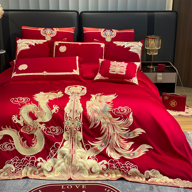 Light Luxury Big Red Wedding Four-Piece Set of Pure Cotton Bedding Dragon and Phoenix Embroidered Bed Sheetss and Quilt Covers Wedding Bedding