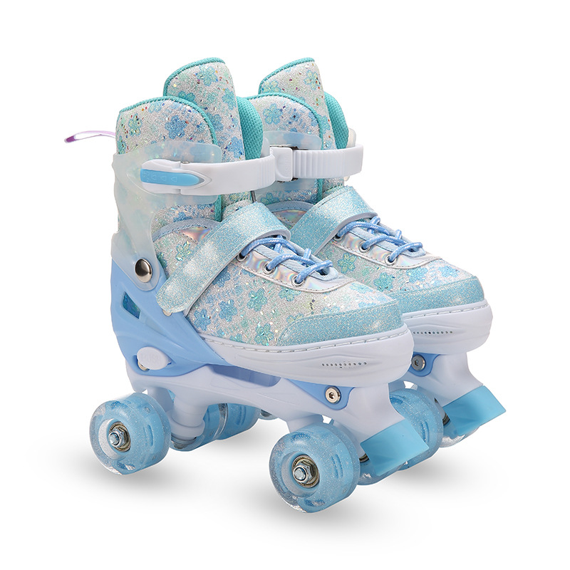 Cross-Border Hot Selling Double Row Roller Skates Pu Full Flash Roller Skates Kidsren's Four-Wheel Safety Roller Skates with Brake Skates
