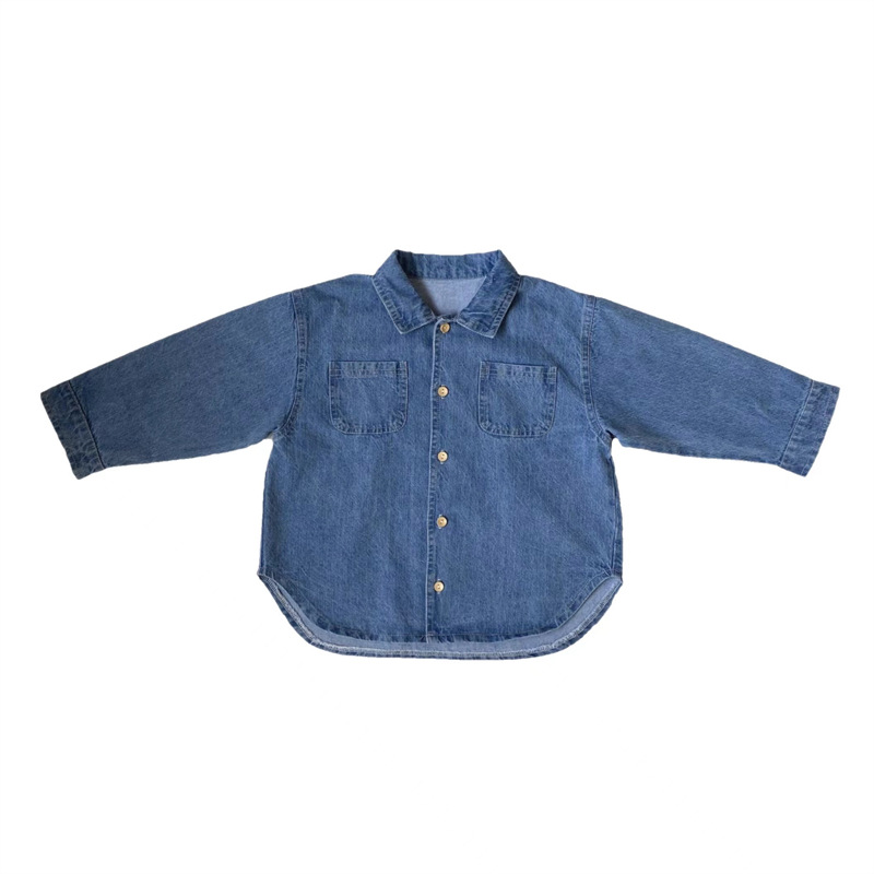 Gl-Kids K-Style of Autum New Kidsren's Small Flap Pocket Pants Thin Denim Shirt, Men's and Women's Easy-To-Wear Denim Top