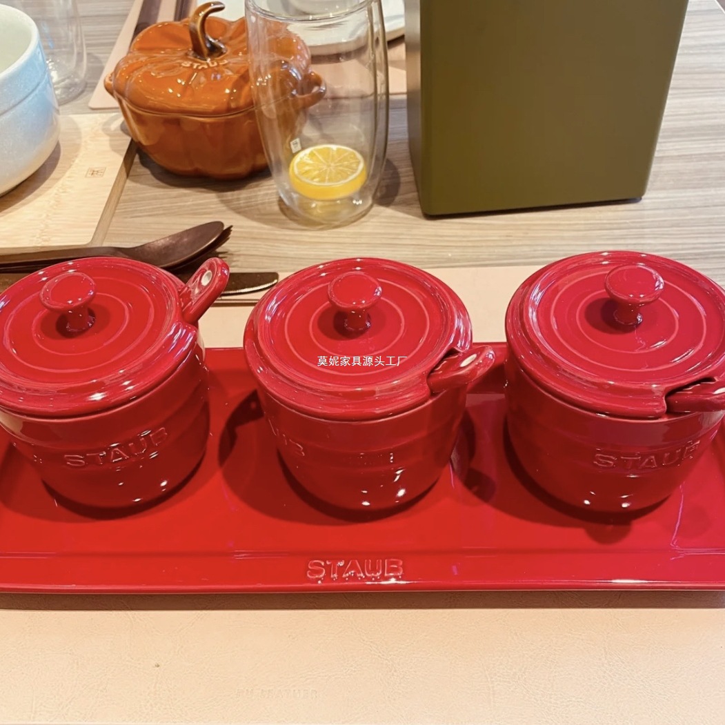 Французская эмалированная керамическая сахарница Сольница Банка для приправы Прибор для приправы Вишневая красная длинная тарелка Сердцевидная чашка