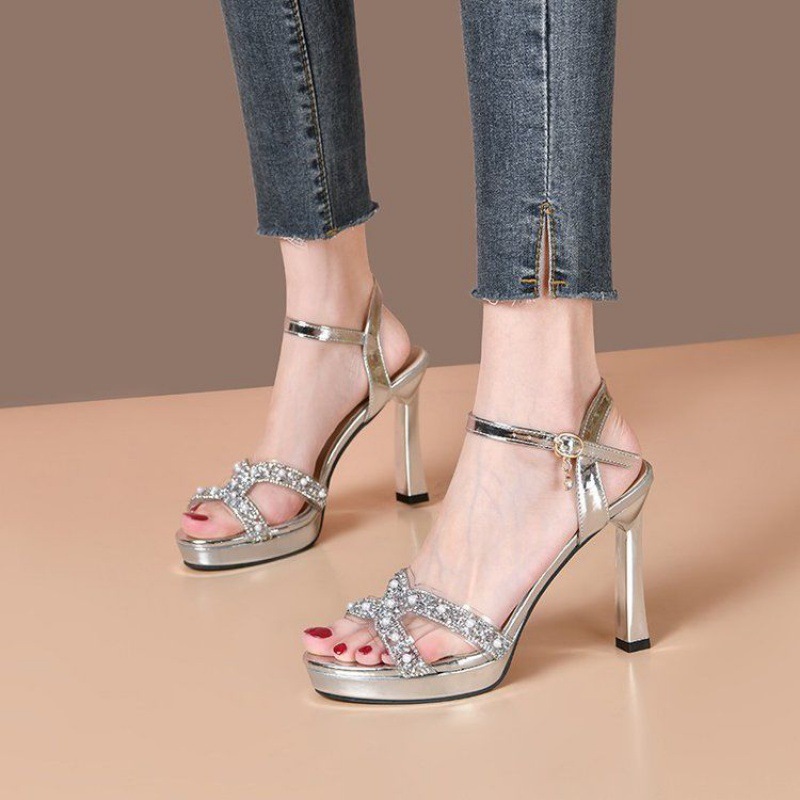 Evening Style Sexy Platform High Heels 2024 Summer New All-match Rhinestone Pearl Stiletto Heel Open Toe Sandals