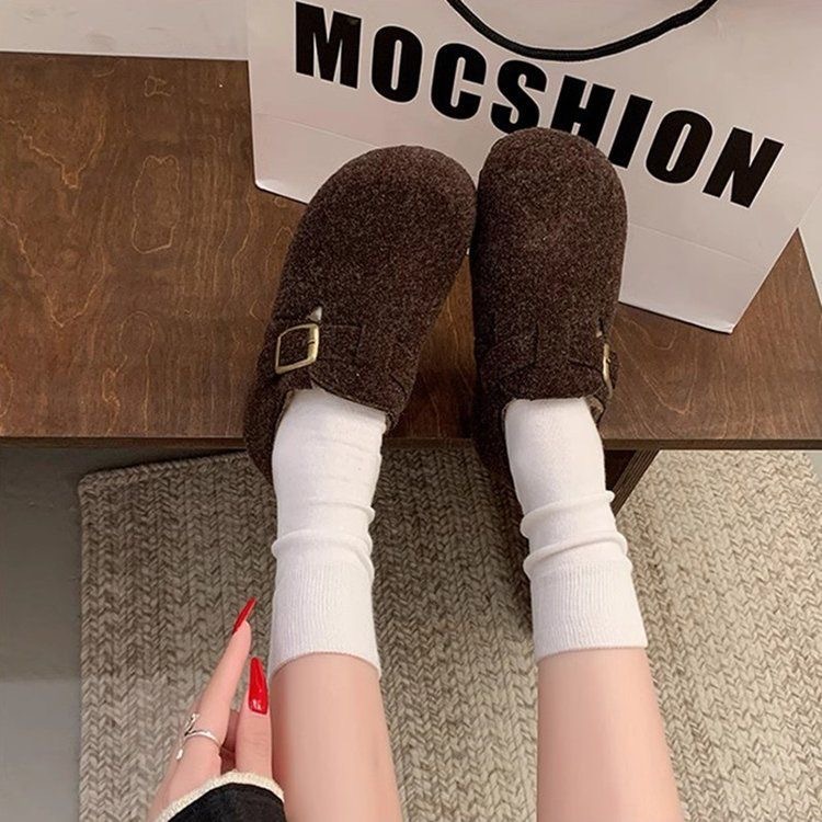 2025 New Autum Style French Retro Outer Wear Round-Toe Felt Fleece-Lined Birkenstock Shoes for Women, One-Legged Warm Cotton Scoop Shoes