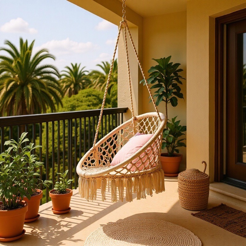 European and American Middle Eastern Style Tassel Hanging Chair Hand-Woven Hanging Basket Cotton Rope Swing Outdoor Hammock Balcony Cradle Chair Popular