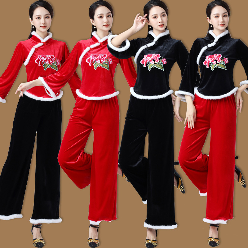 Костюм для танца на площади Лошэнь Новый комплект Осень и зима Утолщенный вышитый золотой бархатный танцевальный костюм Этнический сценический костюм