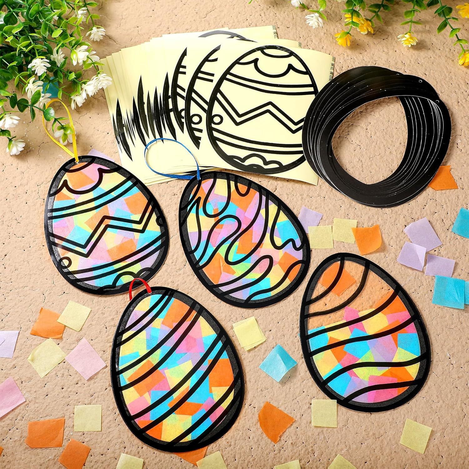 32Pcs Easter Egg Handmade Kit Easter Tissue Sun Catcher Bulk Stained Glass Effect